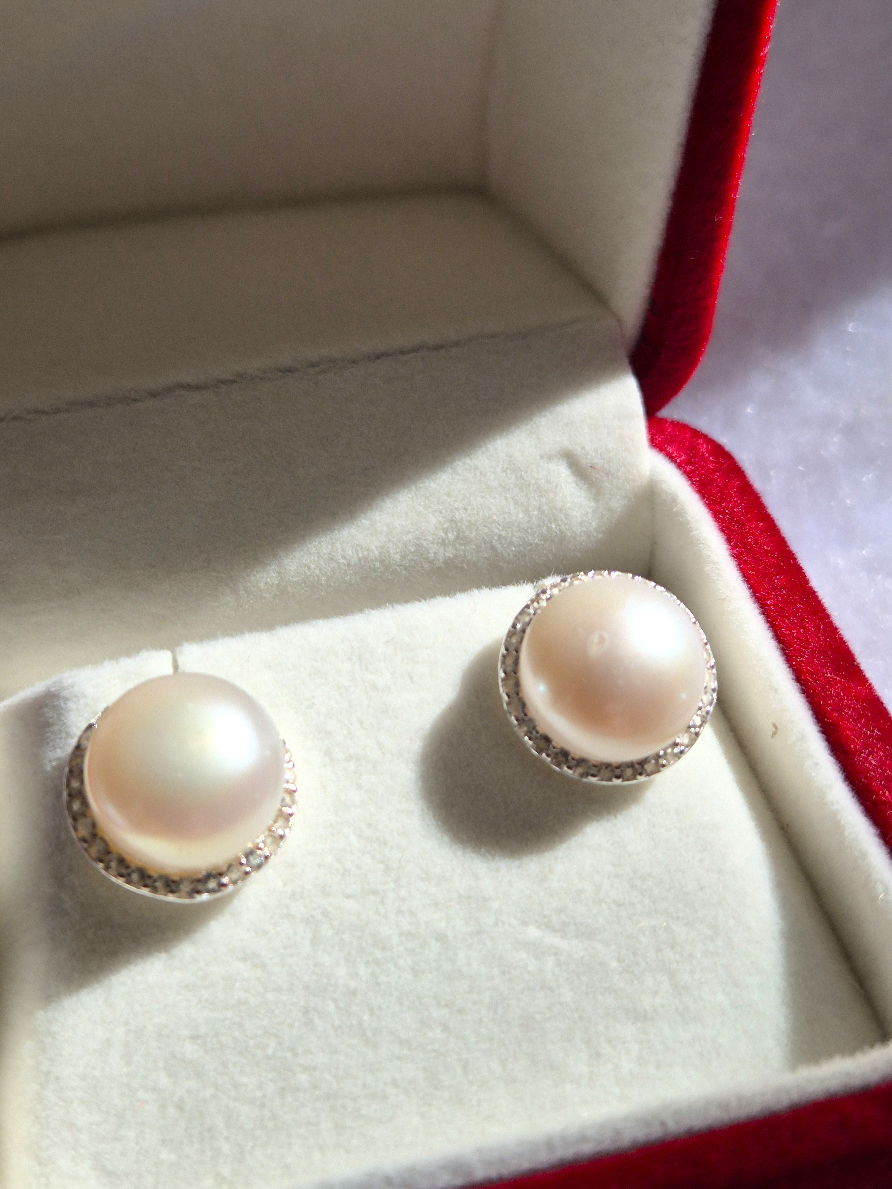 Freshwater Pearl & Topaz Stud Earrings - Silver