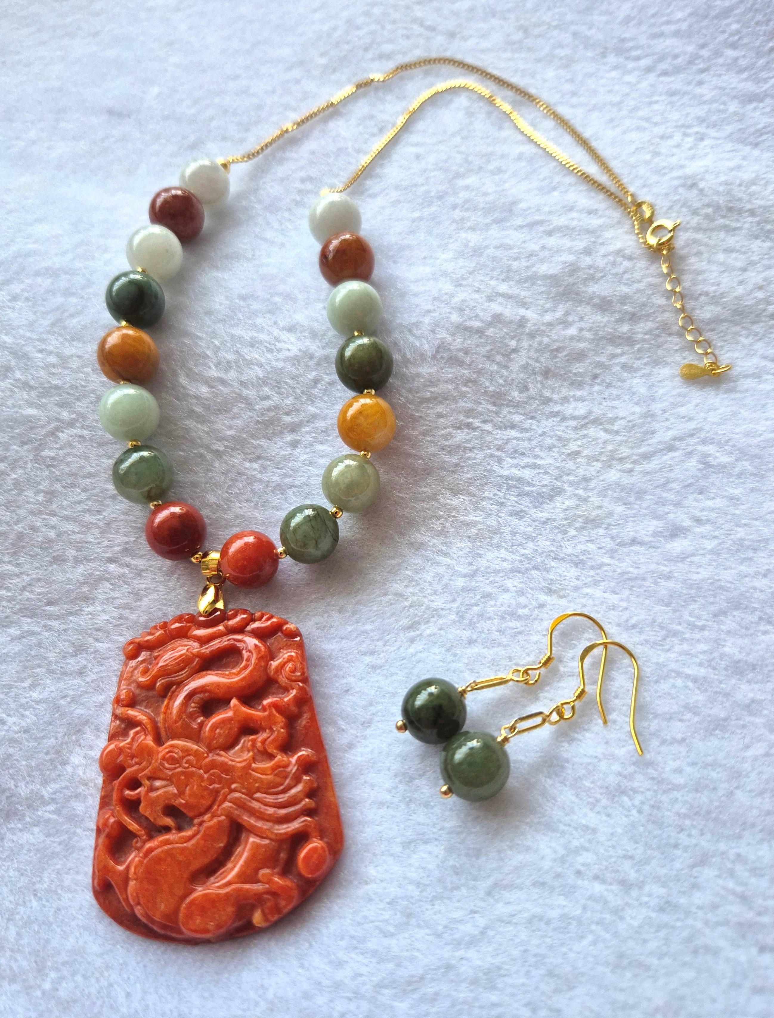 Multi-coloured Jade with Red Jade Pendant